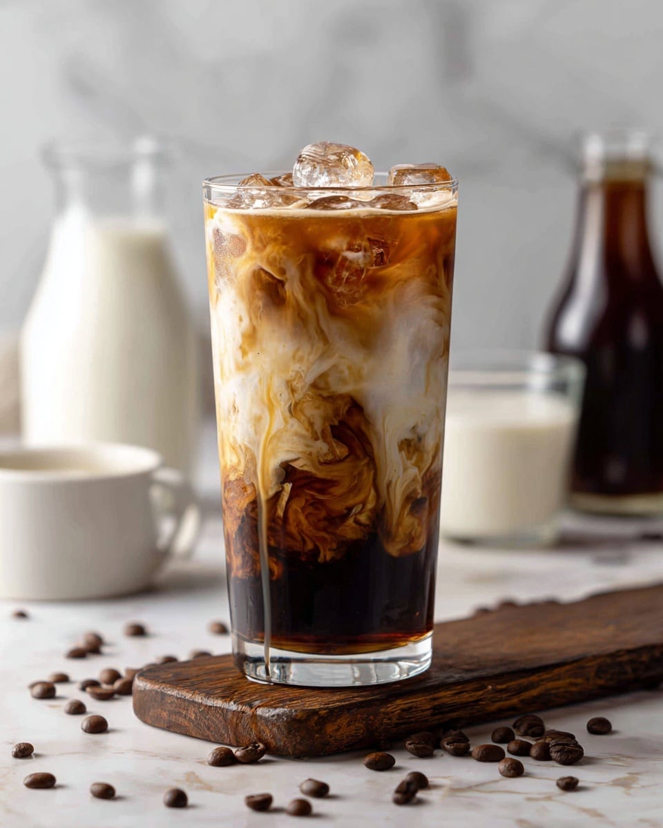 A tall clear glass filled with three layers standing on a wooden board: the bottom layer is dark brown thick chocolate sauce, the middle layer is a light coffee and milk mix with swirls of chocolate running through, and the top layer is ice cubes that show creamy light brown liquid with more dark chocolate drips running down the sides of the glass, scattered coffee beans are on the white marbled surface around the board, blurred jars and containers are visible in the background, photo taken with an iphone --ar 4:5 --v 7
