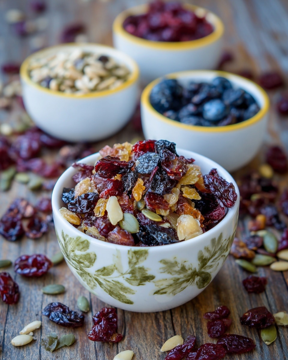 A white bowl with blue leaf patterns is filled with a mix of dried fruit and seeds, showing red dried berries, black dried berries, and light beige seeds on top as well as light brown dried fruit pieces around the edges. The bowl sits on a wooden board scattered with matching light beige seeds and dried fruit pieces. Behind it, there are three white bowls with yellow rims filled separately with three types of snack items: one bowl has red dried berries, another has black dried berries, and the last has light beige seeds. The surface beneath the board is a white marbled texture. photo taken with an iphone --ar 4:5 --v 7