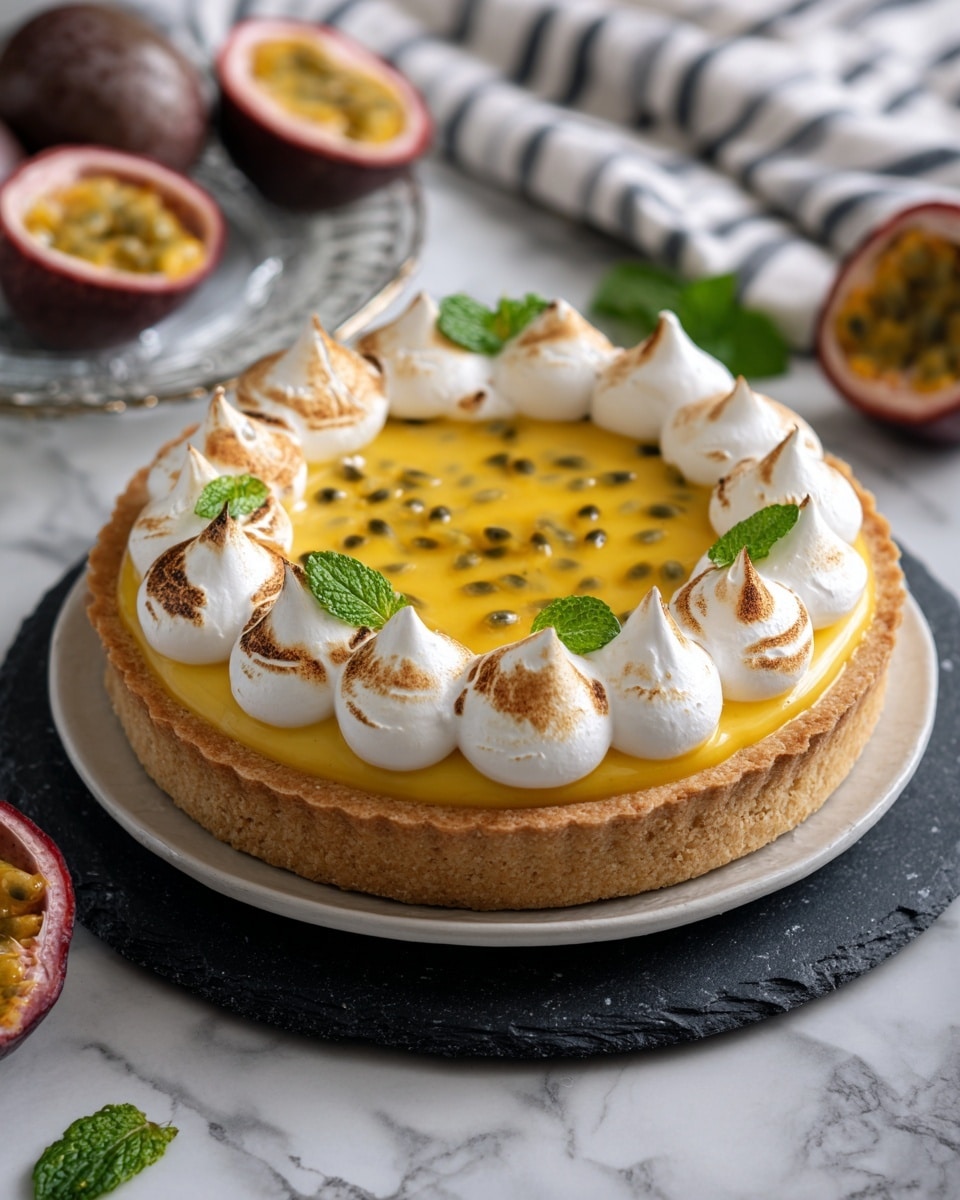 A round tart with three visible layers sits on a white plate over a dark slate circle, on a white marbled surface. The bottom layer is a golden brown crust with a ridged edge. The middle layer is smooth and bright yellow with small seeds scattered inside, making the surface glossy. The top layer is made of white swirled cream piped in tall, thick waves evenly spaced around the edge of the tart and lightly toasted with brown edges. Small green mint leaves are placed at intervals on the cream, adding green pops of color. Nearby are halved passion fruits showing their yellow pulp and seeds. Photo taken with an iphone --ar 4:5 --v 7