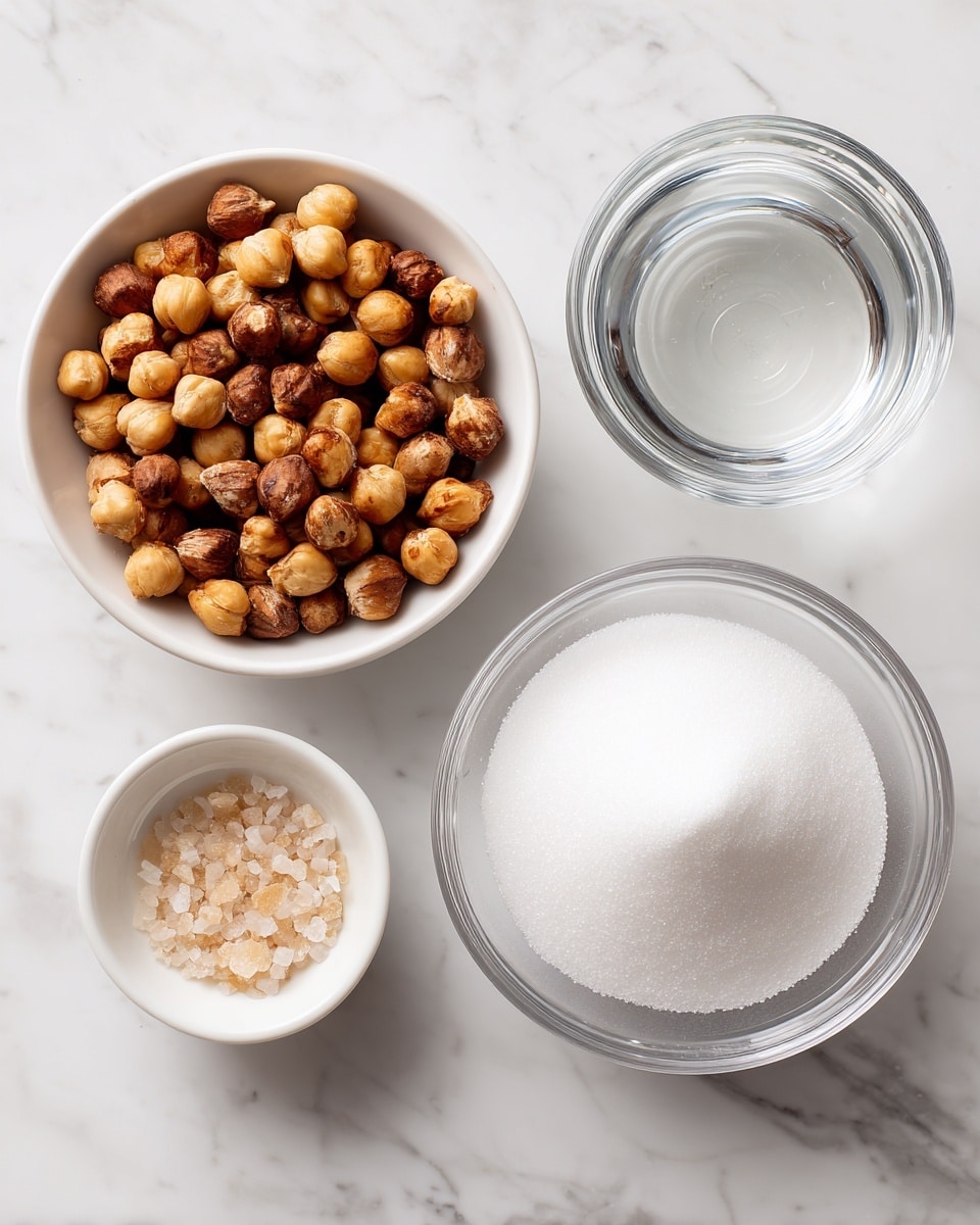 A top view shows four small white bowls placed on a white marbled surface. The largest bowl on the right is clear and filled with white sugar. On the left, there is a white bowl full of brown hazelnuts. Above the hazelnuts is a smaller white bowl with clear water. Below and slightly right of the hazelnuts is the smallest white bowl, containing a small pile of coarse salt. Each ingredient is labeled with black text on a white background near its bowl. Photo taken with an iphone --ar 4:5 --v 7