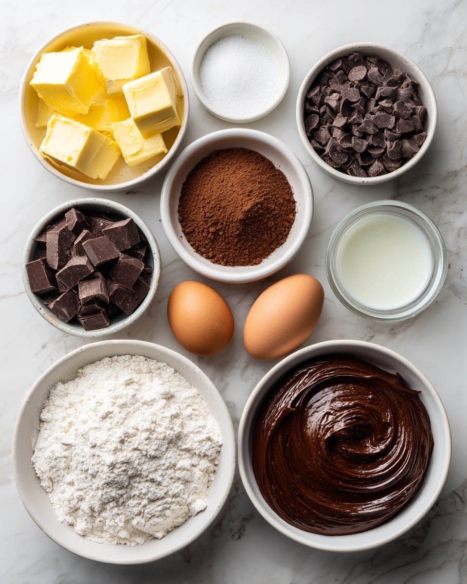 The image shows eight ingredients placed on a white marbled surface. There is one whole brown egg near the top center. To the egg's left, a small white bowl contains white baking powder, and below it, another small white bowl holds melted butter, which is yellow and smooth. Under the egg, slightly to the right, is a white bowl filled with dark brown chocolate chips, while above and to the right is a white bowl with white milk. To the right of the milk, a white bowl contains rich brown cocoa powder. Below the cocoa powder, a clear glass bowl holds white flour mixed with salt. Near the bottom center, a small white bowl contains white granulated sugar. Each ingredient is clearly separated and labeled with bold black and white text above or near them. photo taken with an iphone --ar 4:5 --v 7