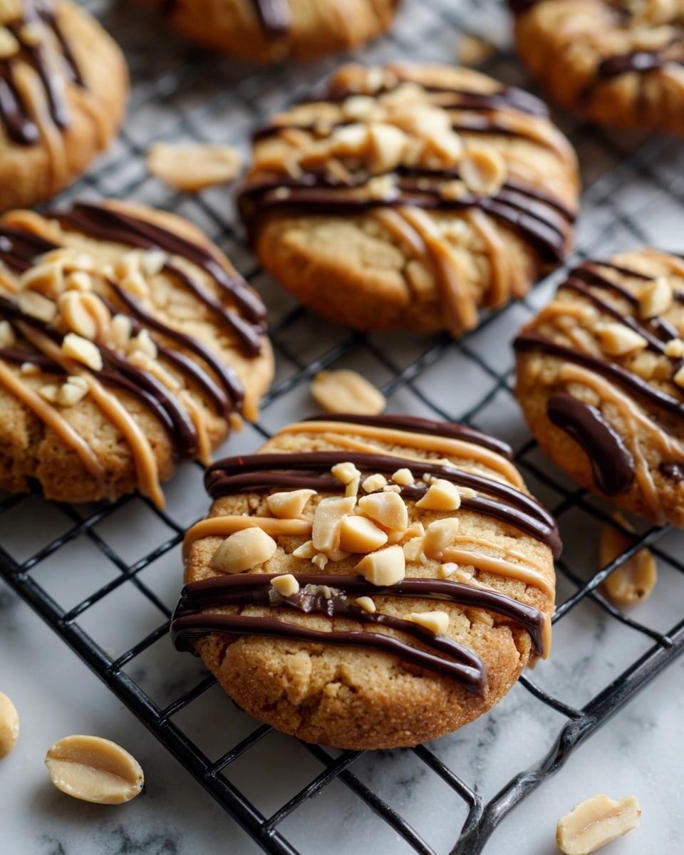 The image shows several round cookies arranged on a black wire cooling rack placed over a white marbled surface. Each cookie has a light brown base layer with a rough texture, topped with a thick layer of creamy caramel in the center. Over the caramel, there are drizzles of smooth dark chocolate in thin lines, and chopped peanut pieces sprinkled on top. The cookies vary slightly in size but have a consistent, rich appearance with a mix of shiny caramel, matte cookie, and glossy chocolate. Whole peanuts are scattered around the edges of the rack, adding to the peanut theme. Photo taken with an iphone --ar 4:5 --v 7