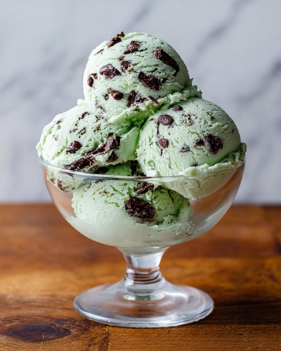 A clear glass dessert bowl filled with three scoops of light green ice cream, each scoop showing dark brown chocolate chips mixed inside. The bowl is placed on a warm wooden surface, with a blurred background featuring a white marbled texture. The texture of the ice cream appears creamy and smooth, with small chocolate chunks visible on the surface and inside the scoops. Photo taken with an iphone --ar 4:5 --v 7
