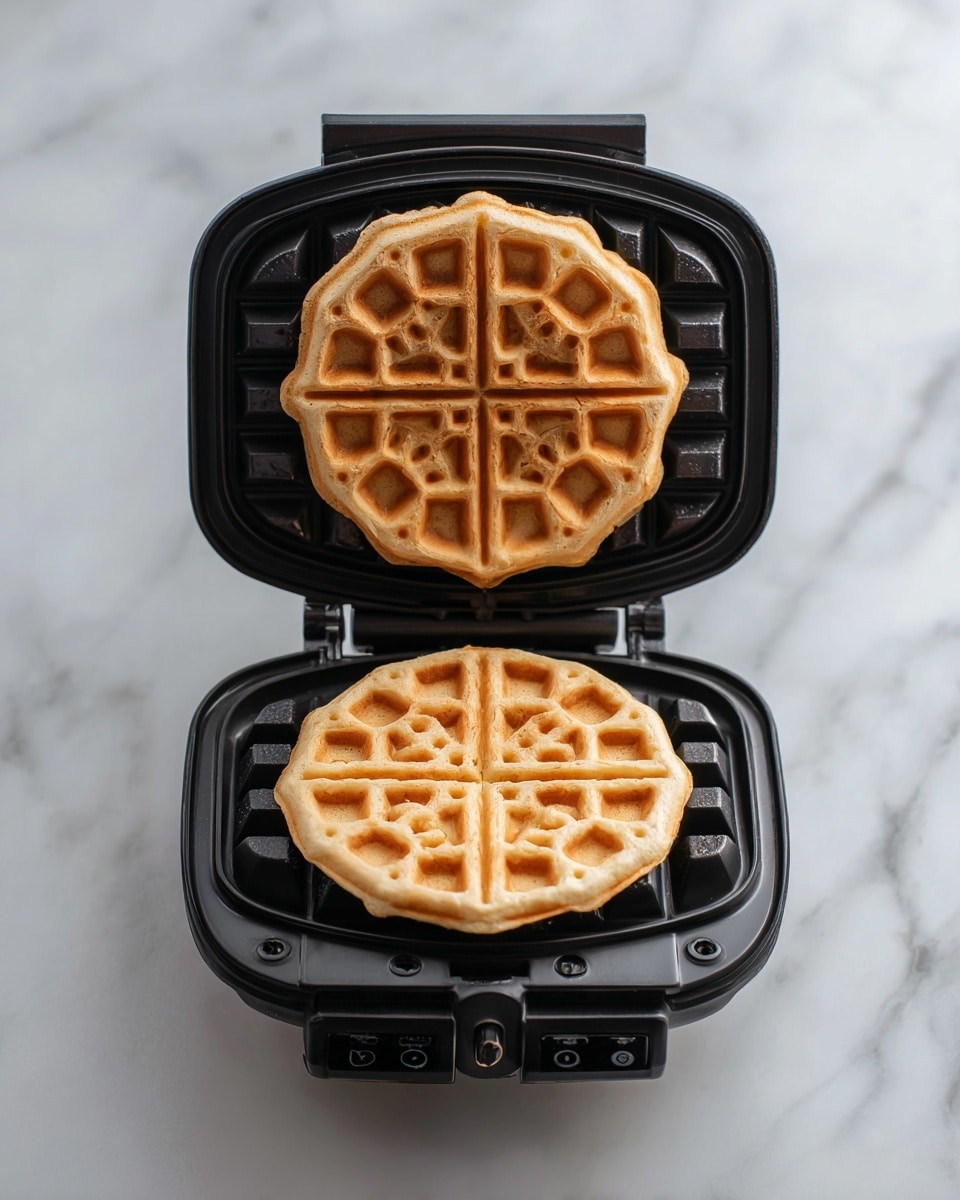 The image shows a black waffle iron open with two thin waffle layers inside, each having detailed patterns. The waffle on the left has a round web-like design with a slightly rough texture, and the waffle on the right has a flower-like pattern with a few petals and a circular center, both in light golden beige color. The waffle iron is placed on a white marbled surface with subtle grey veins, adding a clean and bright background. The waffle iron has buttons and a knob visible on the front side. photo taken with an iphone --ar 4:5 --v 7