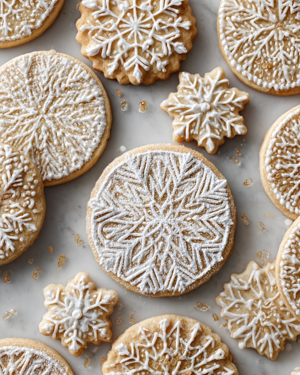 There are multiple round, light beige cookies laid flat on a white marbled surface, each with an intricate pattern of geometric lines and petal shapes embossed on top. The cookies have a slightly textured look with some thin ridges, and they are dusted unevenly with a fine white powder that adds a soft contrast. The arrangement is casual, with some cookies overlapping slightly and others spaced apart, showcasing their detailed design clearly. photo taken with an iphone --ar 4:5 --v 7