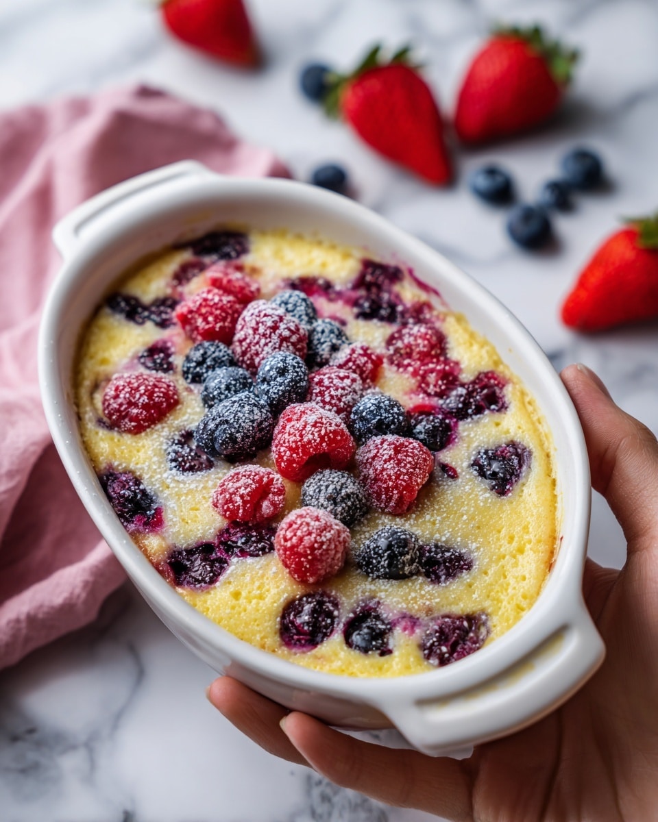 A white oval baking dish holds a warm baked dessert with a golden-yellow base, topped with a layer of mixed berries including blueberries, raspberries, and sliced strawberries. The berries are spread evenly across the surface, with a dusting of white powdered sugar on top. A woman's hand gently holds one side of the dish, with more berries scattered casually in the background on a white marbled surface. The soft light highlights the texture and colors of the dessert, creating a inviting and fresh look. photo taken with an iphone --ar 4:5 --v 7