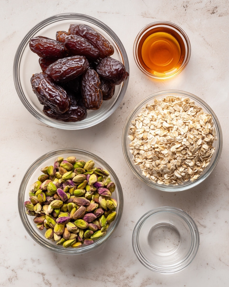 Five clear glass bowls are placed on a white marbled surface, each with different ingredients. The top left bowl is filled with dark brown dates that have a shiny texture. To the right of that is a small bowl with amber-colored liquid, likely vanilla. In the middle right is a medium bowl filled with pale beige rolled oats. Below that is a larger bowl full of green and purple pistachios. The last small bowl is empty and clear, sitting in the bottom right corner. photo taken with an iphone --ar 4:5 --v 7