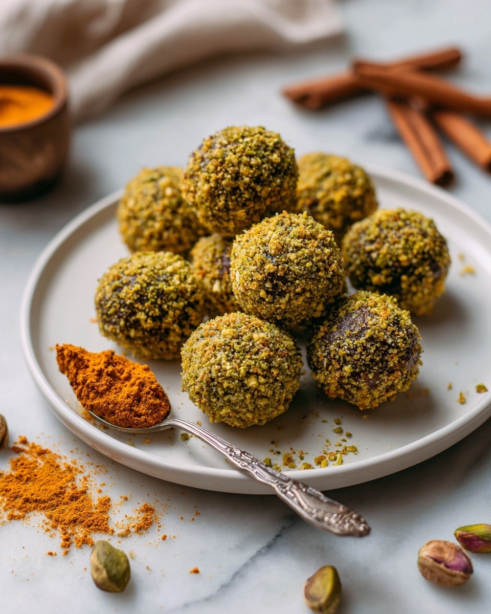 The image shows a white round plate with a speckled pattern, holding seven round balls covered in crushed green pistachios. The balls are arranged in a small cluster with five balls forming the base and two placed on top. To the side of the balls on the plate, there is a spoon with a small orange paste or sauce. The background surface is a white marbled texture, and in the top right corner, two cinnamon sticks lie diagonally. There are two pistachios on the white marbled surface near the bottom left corner of the image. The lighting is soft and natural, emphasizing the textures of the balls and the pistachio coating. photo taken with an iphone --ar 4:5 --v 7