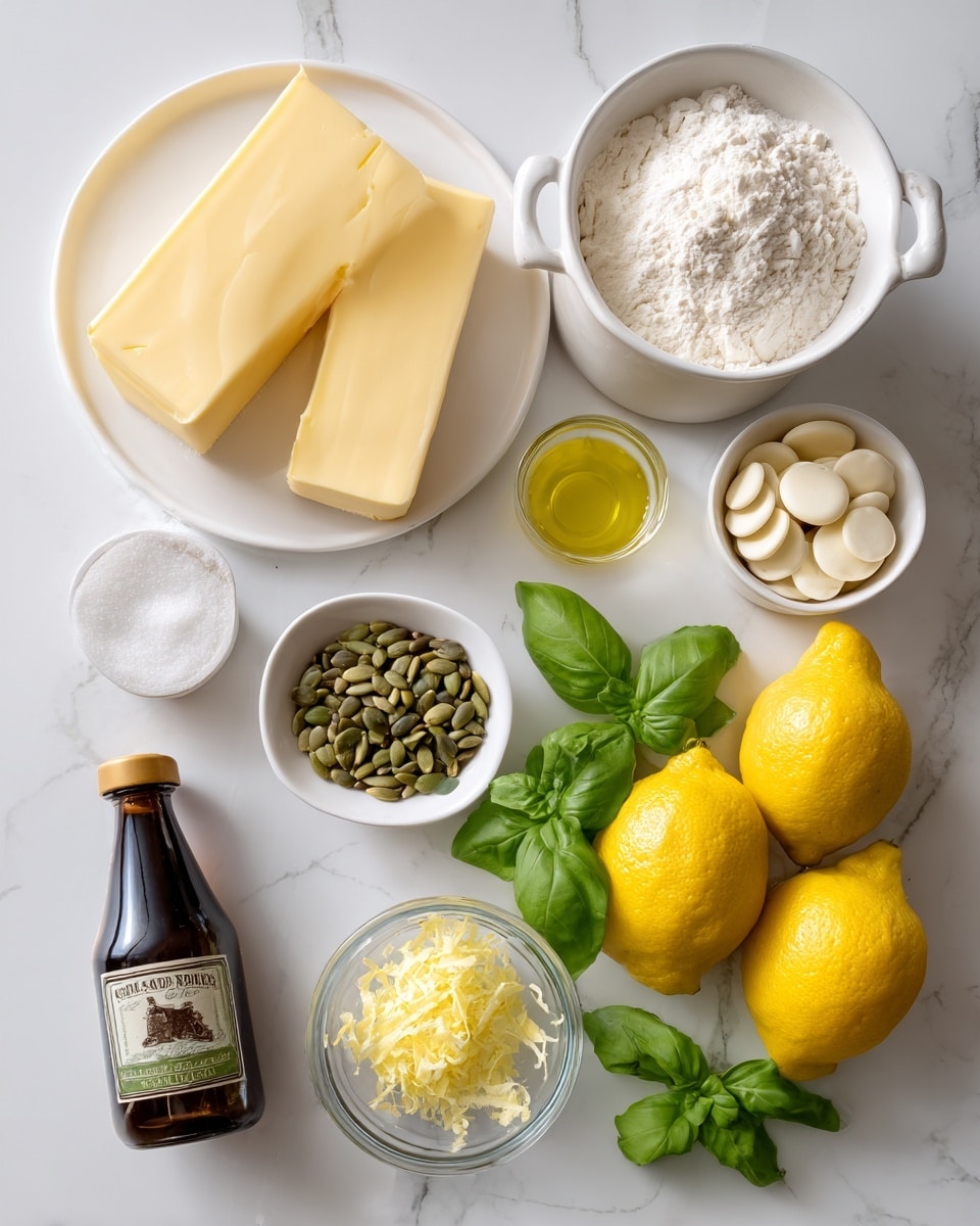The image shows various baking ingredients arranged on a white marbled surface. In the upper left, there are large yellow blocks of butter on a white plate, next to a white bowl filled with white flour. Below the flour bowl, there is a white cup filled with white chocolate discs. To the right of the flour, a small glass container holds a clear yellow liquid, possibly oil. In the center, a small white bowl contains green pumpkin seeds. Below it, another small white dish holds light yellow lemon zest with a small green basil leaf on top. To the left of the seeds, a small clear glass dish contains white powder, likely baking soda or powder. Nearby is a white measuring cup filled with white granulated sugar. A small bottle of pure lemon extract with a dark brown label sits next to these ingredients. On the right side, two whole bright yellow lemons rest on a clear glass dish, surrounded by fresh green basil leaves. The scene is neat and bright with fresh ingredients displayed clearly. Photo taken with an iphone --ar 4:5 --v 7