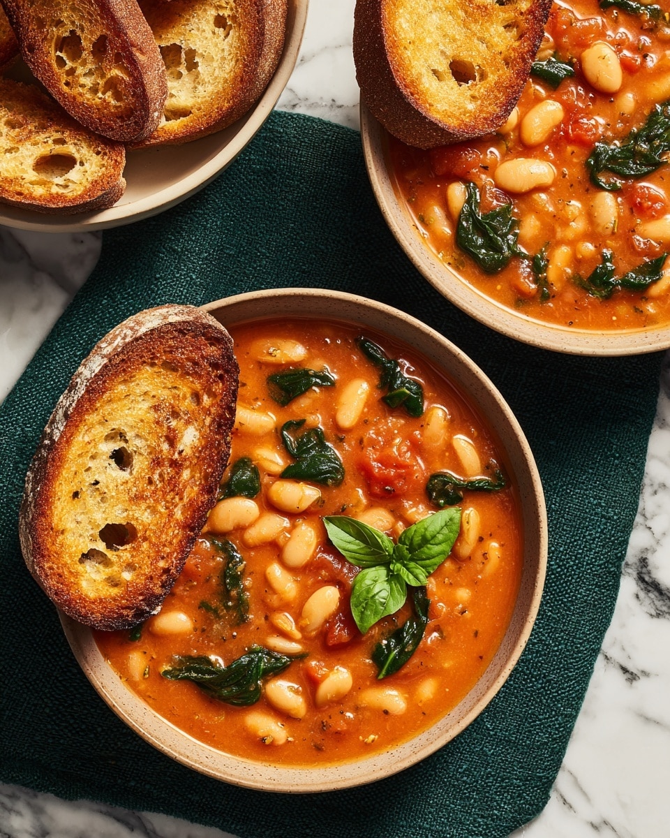 Two white textured bowls filled with thick orange-red soup, containing large white beans, wilted dark green spinach, and small pieces of tomato. Each bowl has one toasted golden brown bread slice partially dipped into the soup, showing a crunchy crust and airy inside. Fresh bright green basil leaves are scattered on top. In the background, a white dish holds extra toasted bread slices. The bowls sit on a green textured cloth placed on a white marbled surface. Photo taken with an iphone --ar 4:5 --v 7