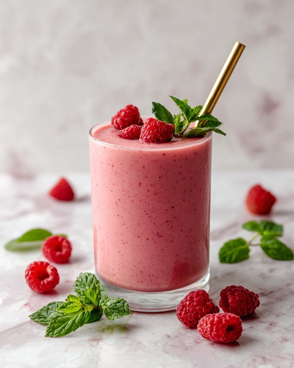 A clear glass filled with one layer of thick, smooth pink smoothie is placed on a white marbled surface. The smoothie fills almost the entire glass, with three red raspberries and two small green mint leaves resting on the top layer near the rim. A shiny golden spoon is placed inside the glass, sticking out near the top right side. Around the base of the glass on the surface are three more red raspberries and some green mint leaves scattered loosely. The background is a soft white tiled wall. Photo taken with an iphone --ar 4:5 --v 7