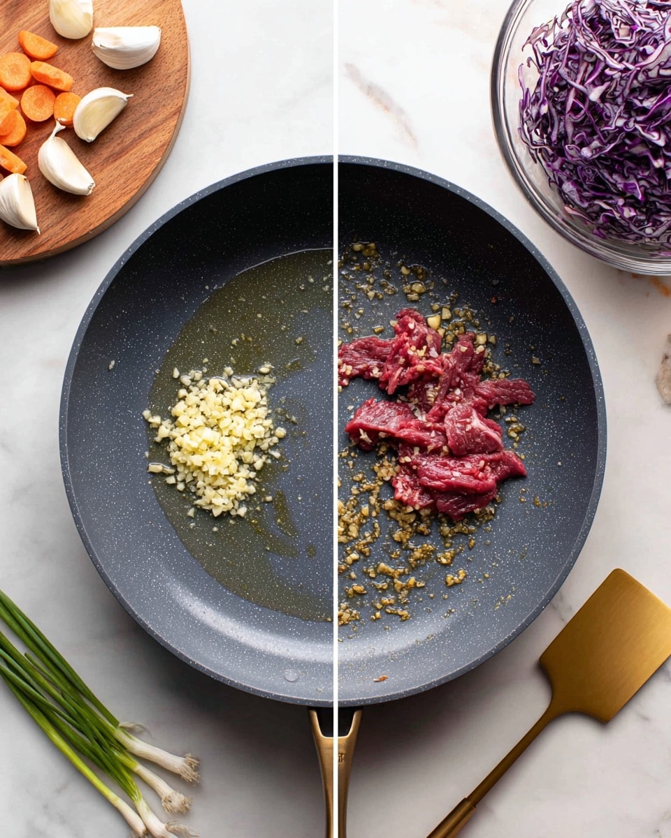 The image shows two side-by-side views of a dark gray frying pan on a white marbled surface. On the left side, the pan holds a pool of oil with a small pile of chopped garlic in the center. On the top right corner, a glass bowl with shredded cabbage mixed with purple cabbage sits next to a gold spatula and parts of chopped carrots on a round wooden board. On the right side, the same pan now contains sautéed garlic spread around the bottom, with thin strips of red raw meat placed on one side of the pan. Above the pan, another section of the wooden board holds whole garlic and thin green onions with trimmed ends. Photo taken with an iphone --ar 4:5 --v 7