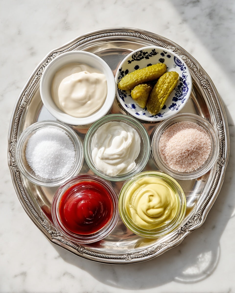 A silver tray holds seven small white bowls with different sauces and ingredients. In the top left, a white bowl is filled with a smooth white sauce. Next to it, on the right, is a white bowl with a black rim and a floral inside pattern, holding four green pickles. To the right of the pickles, a clear glass bowl contains beige powder and pink salt. Below that, a white bowl with blue polka dots holds white granulated salt. Below the first bowl with white sauce, a clear glass bowl contains red ketchup. To its right, a white bowl with a green rim and wavy brown inside pattern contains thick white mayonnaise. On the bottom right, a clear glass bowl contains yellow mustard. The tray sits on a white marbled surface. Photo taken with an iphone --ar 4:5 --v 7