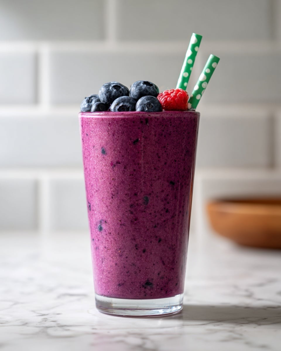 A clear glass filled with a thick purple smoothie that has visible small bits of darker purple and red fruit throughout. On top of the smoothie, there are three whole blueberries and two small red berries placed as garnish. A green straw with white polka dots is inserted into the glass from the top right side. The glass sits on a white marbled surface, and the background features a white tiled wall with soft lighting. Photo taken with an iphone --ar 4:5 --v 7