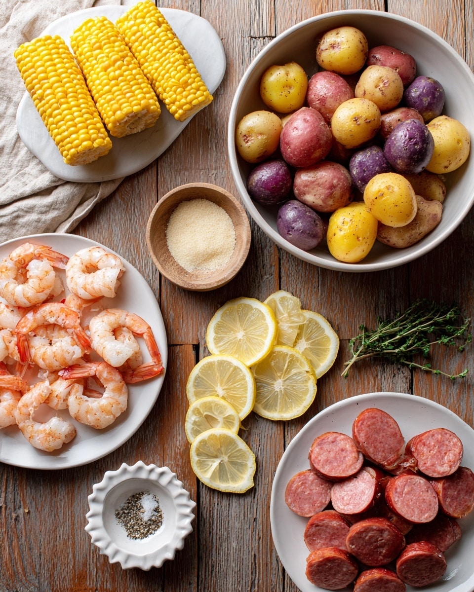 The image shows a variety of fresh ingredients arranged neatly on a white marbled surface. At the top right, there is a white bowl filled with colorful small potatoes in red, yellow, and purple shades, some halved to show their smooth insides. Around the bowl, there are pieces of bright yellow corn on the cob stacked on the top left. Below that, on the left side, a white plate holds pinkish-orange shrimp with their tails visible, arranged closely together. At the bottom right, another white plate contains sliced pieces of reddish-brown sausage, each piece showing the light pink inside. In the middle of the surface, thin lemon slices form two neat rows near a halved lemon, accompanied by a small sprig of green fresh herbs. A small white scalloped dish with light yellow powder and a small round bowl with coarse salt and black pepper sit among the ingredients. The wooden texture beneath the food adds warmth to the composition photo taken with an iphone --ar 4:5 --v 7