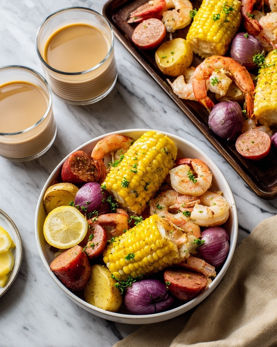 A white bowl filled with a colorful mix of food layers: at the base, small red and yellow potato pieces with smooth skin, followed by bright orange cooked shrimp scattered around, next sliced sausages in red tones and small pieces of purple potato adding contrast; two pieces of yellow corn on the cob rest on top, and on the very top, two lemon slices with green herb bits sprinkled over everything. In the background, more of the same mixture sits on a dark tray with a spatula lifting some food, and two clear glasses filled with amber liquid stand nearby. The surface and background show a white marbled texture with some silverware and a light beige cloth on the side. photo taken with an iphone --ar 4:5 --v 7