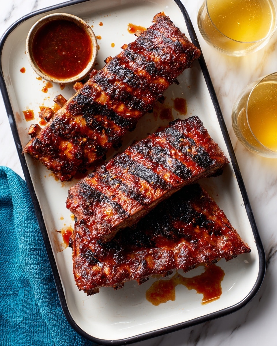 Four grilled ribs with dark char marks and a shiny reddish-brown glaze are arranged on a white rectangular plate with black edges. The ribs have a textured surface showing spice rub and caramelized areas. A few drops of sauce are scattered on the plate near the ribs. In the top left corner, there is a small round bowl with brown sauce. Two clear glass cups filled with light yellow liquid are placed at the top right on a white marbled surface. A blue cloth napkin is partially visible at the bottom left corner. Photo taken with an iphone --ar 4:5 --v 7