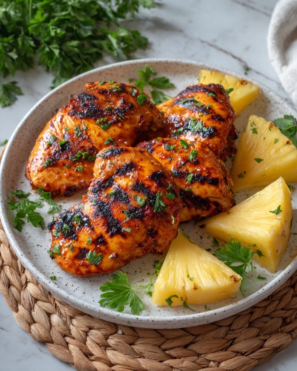 A white plate with three grilled chicken pieces that shine with a golden brown and slight char from the grill, giving a textured look with some blackened spots. Around the chicken, there are six chunks of fresh pineapple showing a pale yellow color with slight green edges near the skin, adding a fresh and juicy contrast. Small green mint or parsley leaves are scattered on top of the chicken and pineapple, adding a splash of bright green color. The plate is set on a white marbled surface, enhancing the freshness and making the food colors stand out clearly. photo taken with an iphone --ar 4:5 --v 7