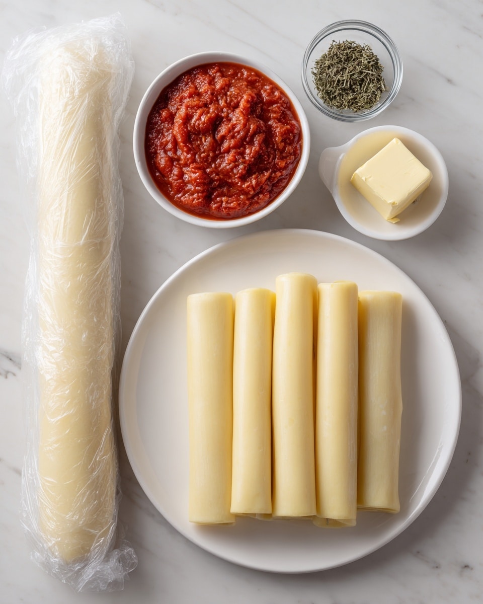 The image shows a white plate with eight rolled cannelloni pasta tubes arranged side by side, each smooth and pale yellow in color. To the left of the plate is a long, rolled sheet of uncooked pasta dough wrapped in plastic. Above the plate, there is a small white bowl filled with red tomato sauce that has a thick, textured surface with visible small chunks. Next to the sauce is a tiny white bowl holding dried green herbs, finely crumbled. Above the herbs is a small glass bowl with a rectangular stick of pale yellow butter. All items are placed on a white marbled surface. photo taken with an iphone --ar 4:5 --v 7