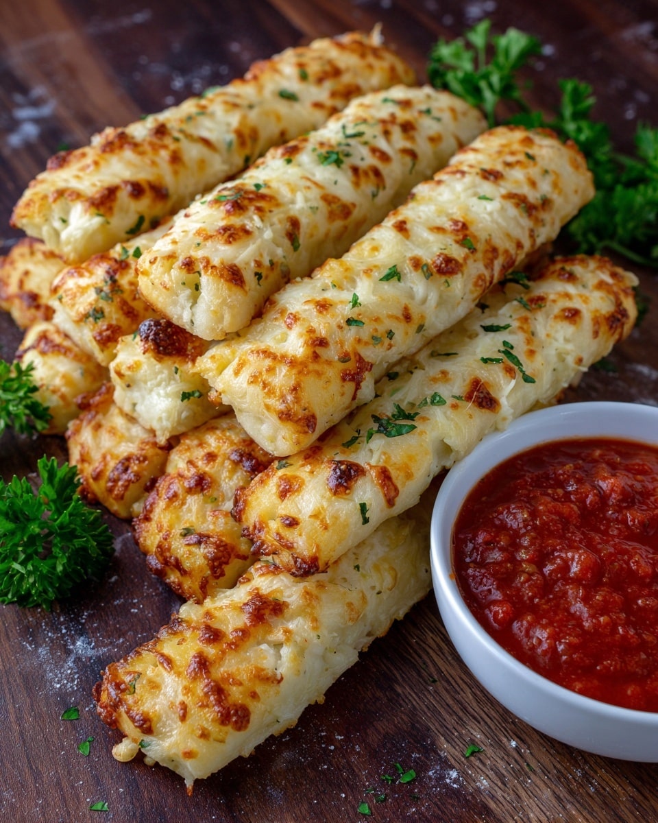 The image shows seven breadsticks arranged on a wooden surface, each breadstick topped with melted golden-yellow cheese and small sprinkles of green herbs, giving a light textured look. The breadsticks are pale and soft in color with slight browning in places. At the bottom right corner, part of a black bowl filled with bright red tomato sauce with a slightly chunky texture is visible. Fresh green parsley leaves peek from the bottom left, adding color contrast. The overall arrangement gives a warm and inviting feel. Photo taken with an iphone --ar 4:5 --v 7