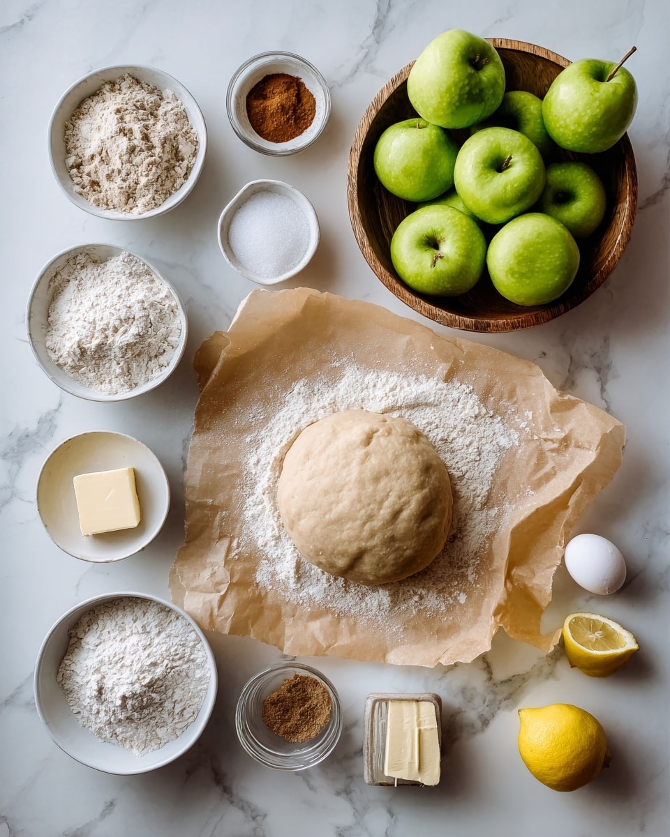 The image shows a white marbled surface with several baking ingredients neatly arranged in a grid. On the right side, there is a wooden bowl filled with bright green apples, some spilling out onto the surface. In the center, a round, smooth dough rests on a piece of brown parchment paper. To the left, there are small white bowls holding flour, sugar, spices, and a small square of butter. An egg and a whole lemon are also placed among the bowls. The colors are soft and natural, with a clean and tidy layout. photo taken with an iphone --ar 4:5 --v 7