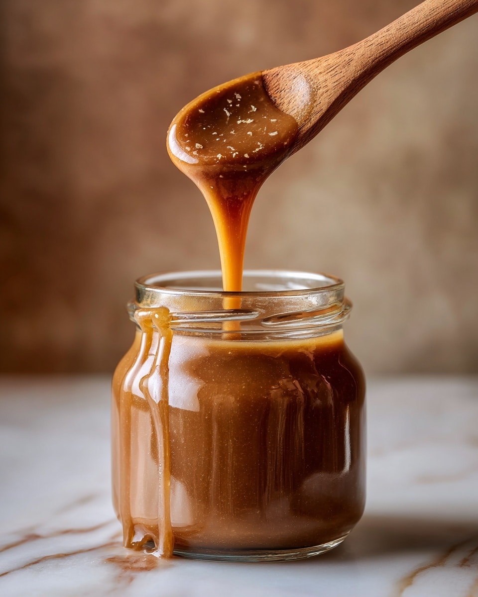 A clear glass jar filled about halfway with thick, shiny brown caramel sauce sits on a surface with a white marbled texture. Above the jar, a wooden spoon holds and drips the rich caramel sauce, showing its smooth and sticky texture with tiny bits inside. The background is softly blurred with warm brown tones. photo taken with an iphone --ar 4:5 --v 7