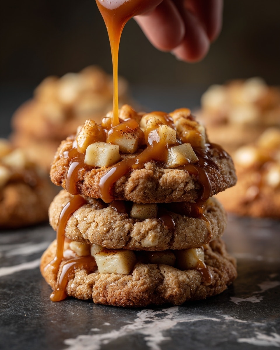 The image shows a stack of two small, thick cookies with a crumbly, light beige texture, topped with small chunks of cooked apple pieces that are light yellow with a slight brown cinnamon tint. The apples sit in the center of the top cookie, and rich, glossy caramel sauce drips over both cookies, creating a warm, sticky effect with smooth, shiny swirls. The cookies are placed on a dark, slightly rough stone surface, which contrasts with the soft textures of the cookies and sauce. More similar cookies can be seen blurry in the background, creating a cozy, inviting atmosphere. Photo taken with an iphone --ar 4:5 --v 7