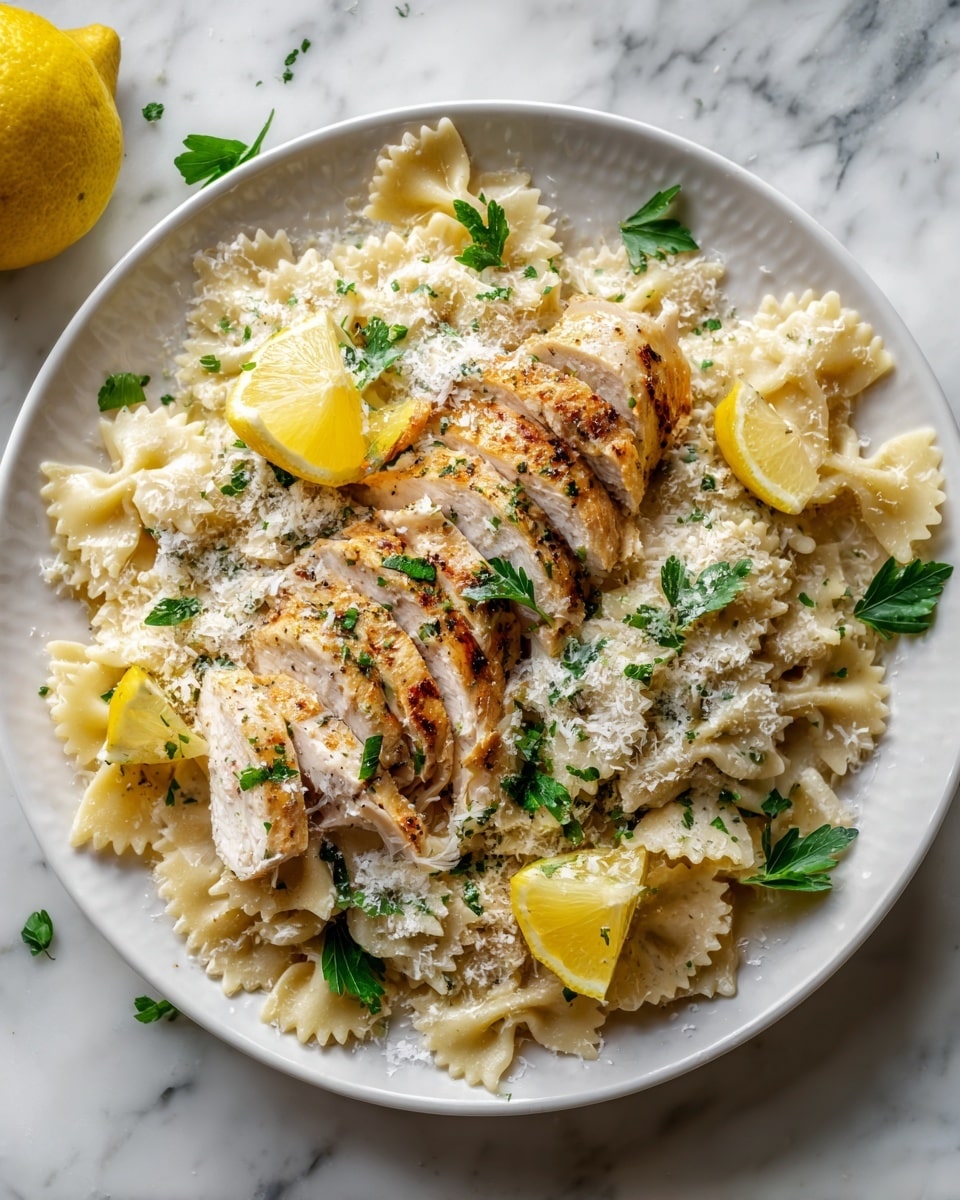 The dish is served on a white speckled plate with a white marbled texture underneath. It has two main layers: the base is creamy, ruffled farfalle pasta mixed with small pieces of light beige cooked chicken. The pasta is coated in a white sauce and sprinkled with grated cheese and finely chopped green herbs. On top and to one side are several thick slices of pale cooked chicken arranged in a fan shape. Bright yellow lemon wedges and fresh green herb leaves are scattered over the pasta, adding color contrast. photo taken with an iphone --ar 4:5 --v 7