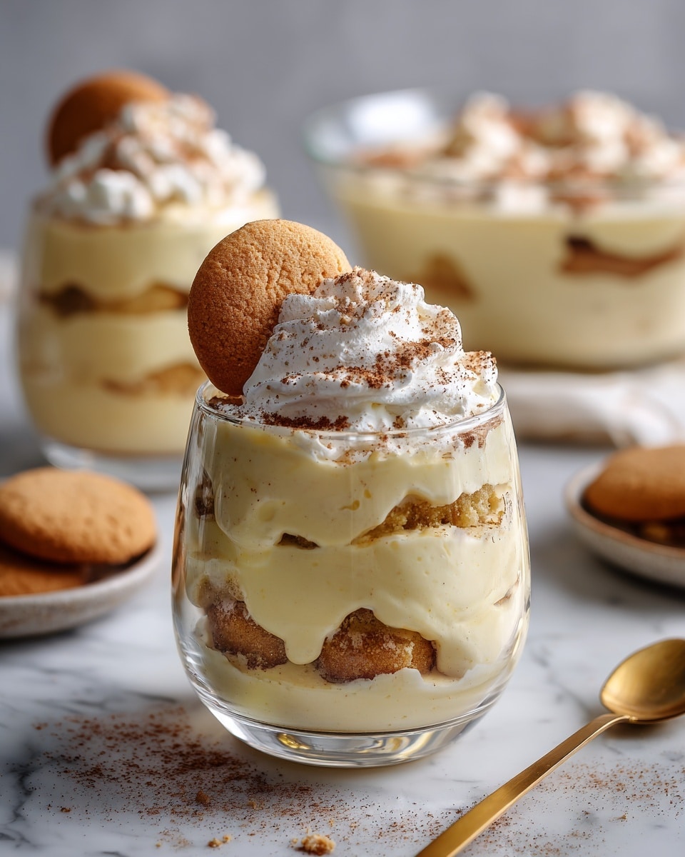 The image shows a clear glass filled with three visible layers of a creamy, light beige pudding mixed with small bits of vanilla wafers, each layer separated distinctly. The top layer is a thick, whipped cream-like texture sprinkled lightly with brown cinnamon powder. Two whole, round vanilla wafers rest on top, leaning slightly against each other. In the soft-focused background, there are other similar glasses and a larger glass dish containing the same layered dessert, all placed on a white marbled surface. A gold spoon lies nearby on the surface. photo taken with an iphone --ar 4:5 --v 7