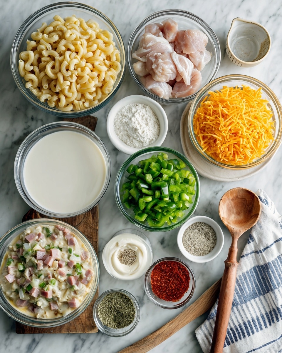 The image shows many clear glass bowls with cooking ingredients placed neatly on a white marbled surface. There are large bowls with raw chicken pieces, elbow macaroni, and a white liquid, each showing smooth and fresh textures. A medium-sized bowl holds shredded orange cheddar cheese, while smaller bowls contain chopped green bell peppers, diced onions, sliced ham, and a beige sauce speckled with herbs. There are also tiny bowls with white flour, white sour cream, red seasoning, minced garlic, white salt, and a black pepper mix. A wooden spoon with a copper handle is placed on the right, and a white cloth with blue stripes is seen on the left beside the bowls. The colors are bright and fresh, organized in a clean and clear layout photo taken with an iphone --ar 4:5 --v 7