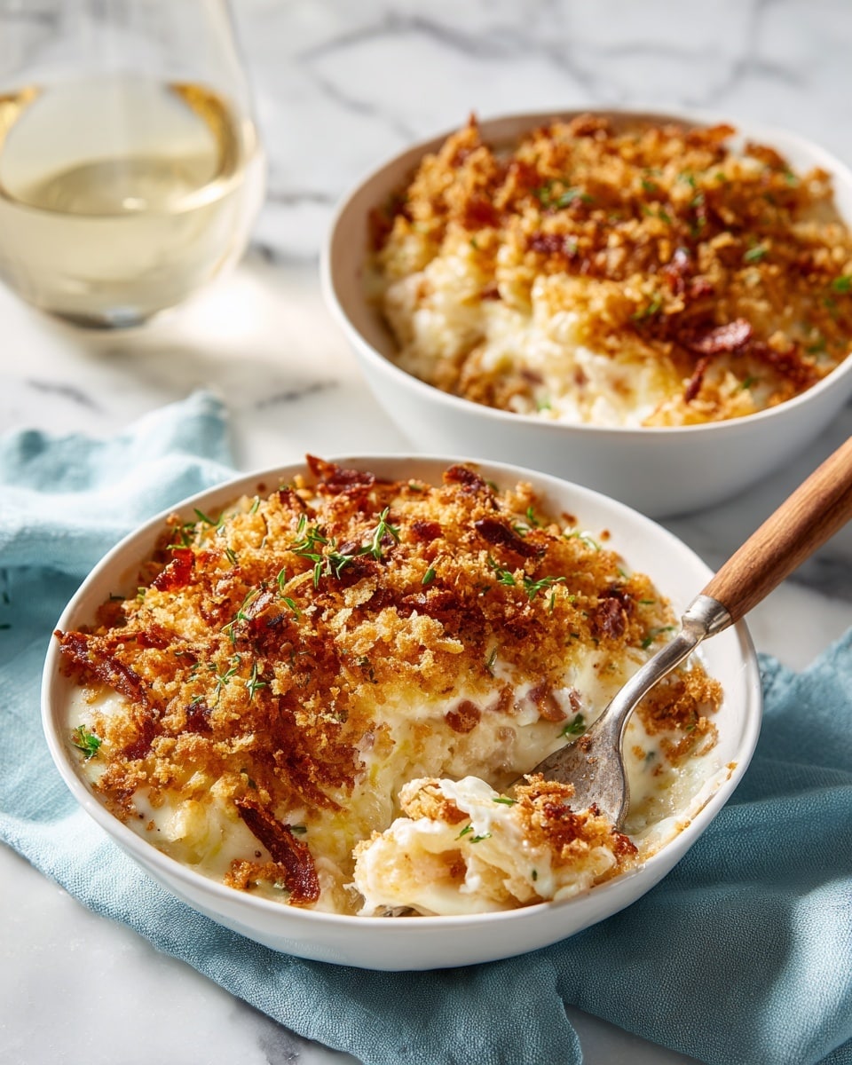 The image shows two white bowls filled with a layered dish that has a golden-brown crispy top with bits of melted cheese and breadcrumbs, sprinkled with green herbs. The dish appears creamy underneath the crunchy top with a soft texture, visible through the spoon scooping from the bowl in the foreground. A woman's hand holds the silver fork with a wooden handle, digging into the dish. The background features a white marbled surface and a light blue cloth near the top left edge. There is also a glass with a light-colored drink partially visible at the bottom right. photo taken with an iphone --ar 4:5 --v 7