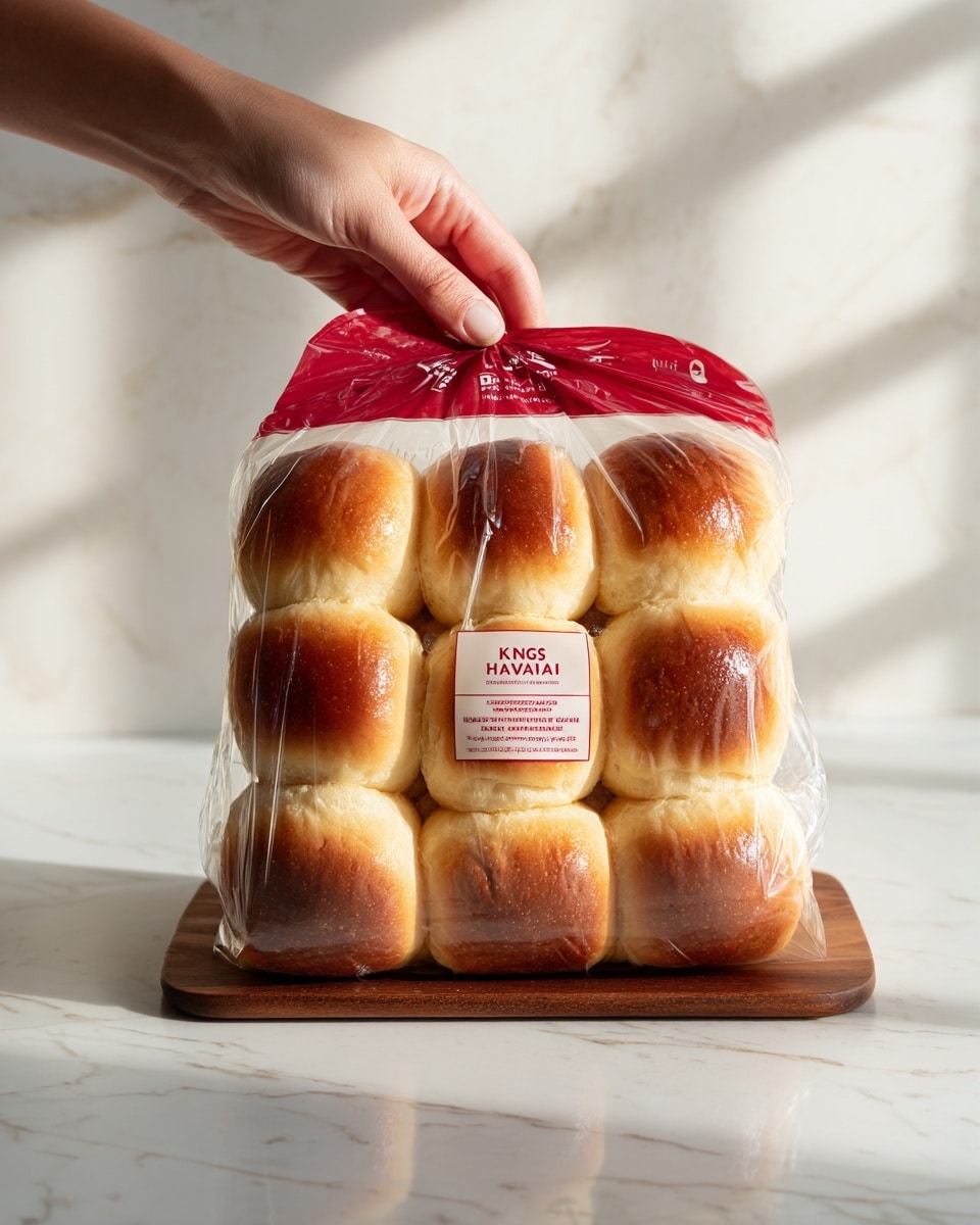 A clear plastic bag with a bright red top and sides holds twelve golden brown Hawaiian sweet rolls arranged in a 3 by 4 grid. The front of the bag shows a white label with red text saying