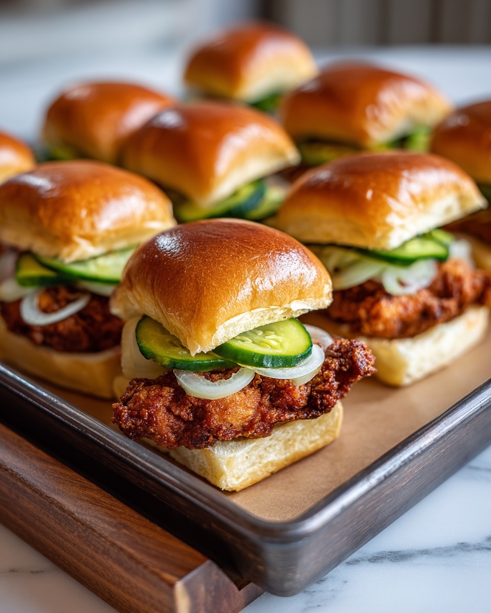 The image shows a tray with several small sliders arranged in rows. Each slider has three layers: a soft golden-brown top bun, a middle layer of crispy chicken with a reddish-brown crunchy texture, and a bottom layer of soft white bun. Inside the sliders, there are slices of bright green pickles and thin, white onion pieces. The sliders are set on a sheet of brown parchment paper on a rusty baking tray, which is placed on a wooden surface with a white marbled texture in the background. The lighting highlights the warm tones of the buns and the crispy texture of the chicken. photo taken with an iphone --ar 4:5 --v 7