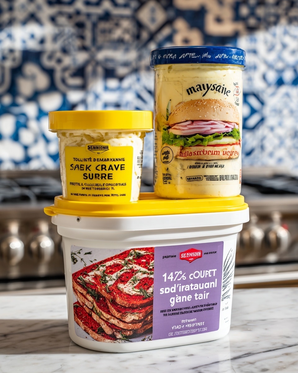 The image shows three containers stacked vertically on a white marbled surface. The bottom container is a large white bucket with a label showing red toasted bread slices with herbs and the text