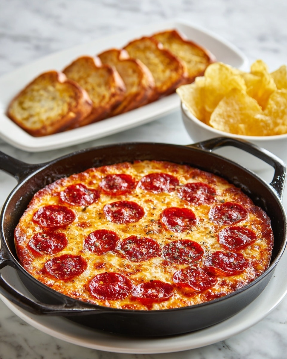 The image shows a pepperoni pizza in a black cast-iron pan with one layer of melted cheese that is golden brown and bubbly, topped evenly with small, round slices of shiny red pepperoni scattered across the surface. Behind the pan, there is a white plate holding two rows of toasted, golden brown bread slices with a slightly crisp texture and some herbs visible on top. To the side, a white bowl is filled with light yellow star-shaped corn chips. All items are placed on a white marbled surface. Photo taken with an iphone --ar 4:5 --v 7