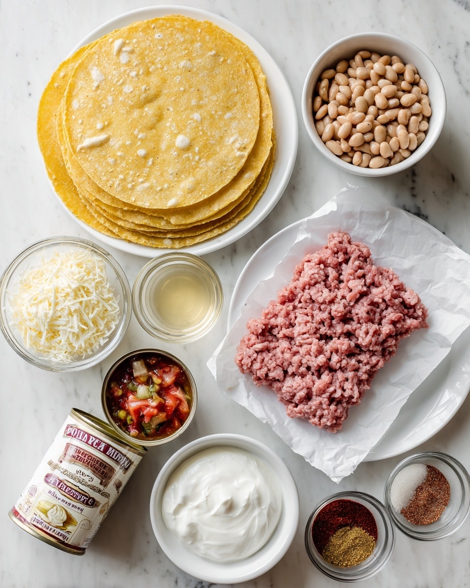 The image shows a white marbled surface with ingredients arranged neatly for a recipe. On the top left, there is a white plate holding a stack of yellow corn tortillas with slight texture and small tears. To the right, there is a small white bowl filled with light brown mashed beans and next to it another small white bowl with grated white cheese. Below the plate are two small clear glass bowls, one containing a light tan liquid and the other a clear liquid. In the center is a rectangular piece of raw pink ground meat placed on white parchment paper over a white plate. To the right of the meat is a can of diced tomatoes with green chiles in its colorful label. Below, there is a white bowl filled with a thick white sour cream-like cream. In the bottom right corner, two small glass bowls hold different spice mixes: one contains a red and white powder mix while the other combines red, brown, and beige powdered spices. The whole setup is clean and organized, viewed from above, photo taken with an iphone --ar 4:5 --v 7