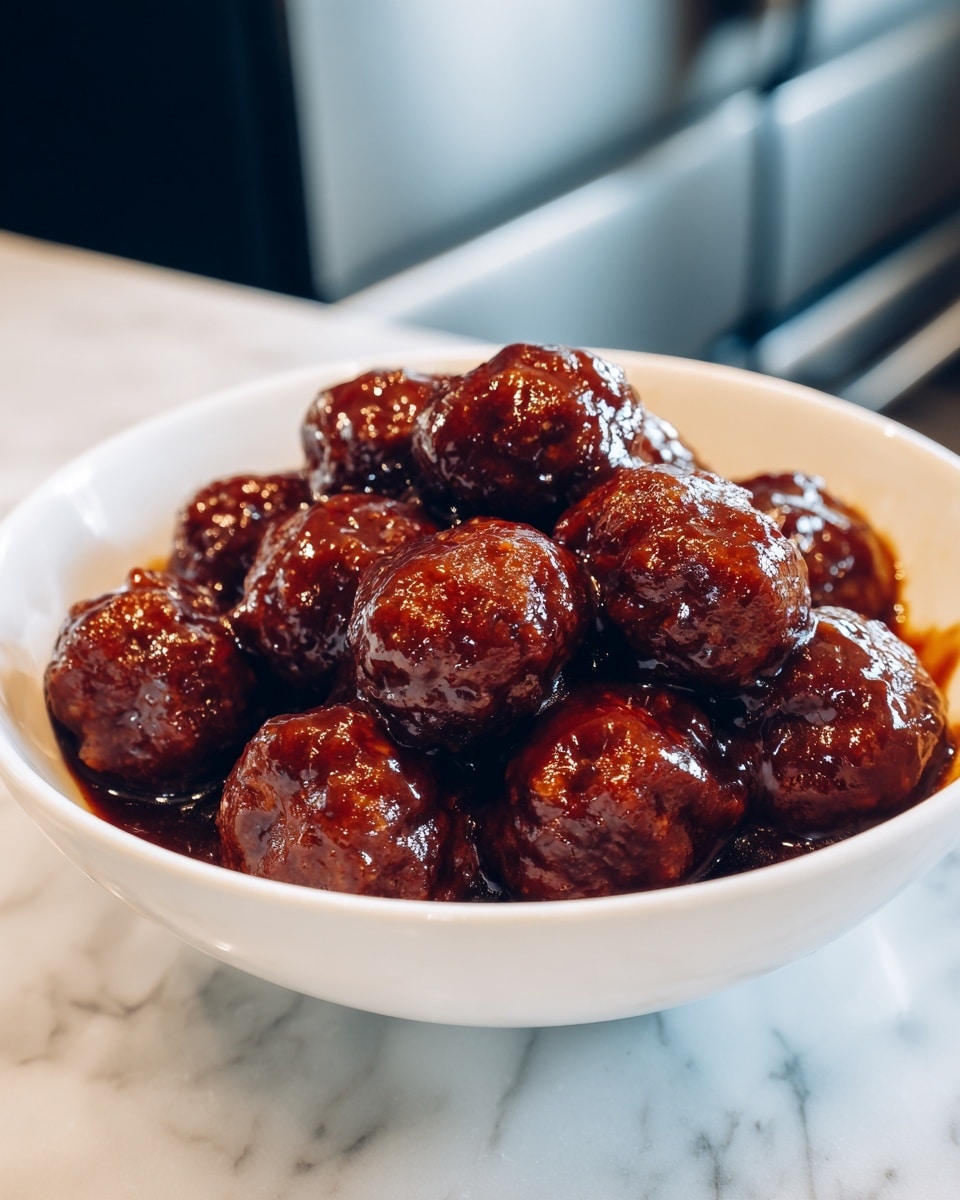 A round white bowl filled with many small, shiny meatballs covered in thick, dark brown sauce that looks sticky and rich, sitting on a white marbled surface. The background shows a blurry silver kitchen appliance with colorful buttons, suggesting a modern cooking setting. The meatballs are closely packed, creating a textured, glossy mound inside the bowl photo taken with an iphone --ar 4:5 --v 7