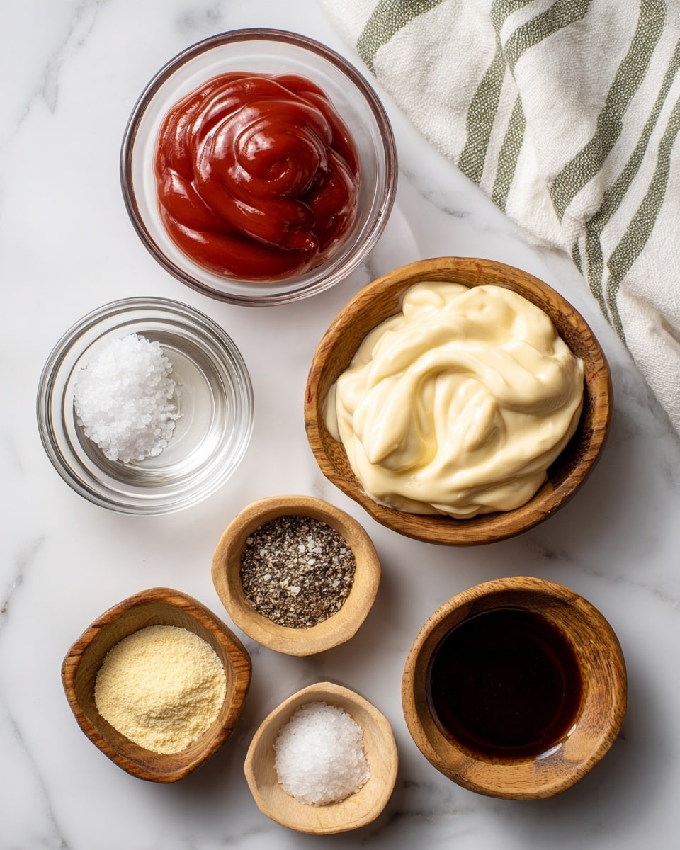 The image shows seven small bowls arranged on a white marbled surface; the largest bowl at the top right contains creamy, pale yellow mayonnaise with a smooth texture, next to it on the left is a clear glass bowl filled with bright red ketchup. Below the ketchup is a small glass bowl with clear vinegar, and near the bottom left, a light wooden bowl holds salt with a mix of white and black grains, next to it is a similar wooden bowl filled with black pepper. In the bottom center, a small wooden bowl contains light yellow garlic powder, and to the bottom right, another wooden bowl has a dark brown Worcestershire sauce with a shiny surface. A white and light green striped cloth is partly visible in the top right corner. photo taken with an iphone --ar 4:5 --v 7