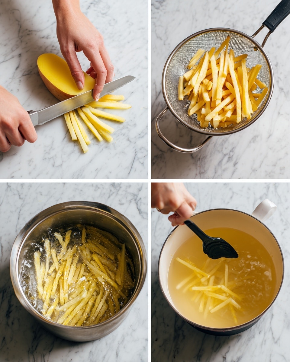 The image shows four steps of making fries, each with a woman's hand involved. In the first step, a woman's hand holds a yellow potato while slicing it into thin strips with a serrated knife over a white marbled surface. The second step shows the sticks of potato rinsed in a silver colander with a black handle, held by a woman's hand, with water dripping through the holes, placed on a white marbled surface. The third step features the potato sticks in a silver pot filled with vinegar water, and a woman's hand pouring a cup of liquid into the pot, all set on a white marbled surface. The fourth step shows the fries frying in a light brown oil in a white pot, with a few fries visible on top, and a woman's hand holding a black slotted spoon hovering above. The background throughout is a white marbled texture. photo taken with an iphone --ar 4:5 --v 7