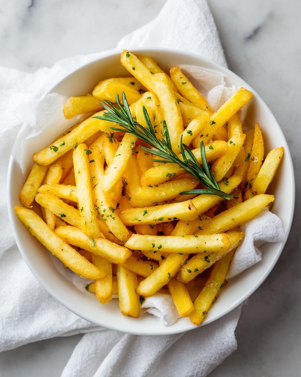 A white bowl filled with golden-brown French fries, each fry thin and crispy with small green herb sprinkles evenly spread on top. Two fresh sprigs of green rosemary rest on the fries, adding a touch of color contrast. The fries sit on white paper lining inside the bowl. The background is a white marbled texture. photo taken with an iphone --ar 4:5 --v 7