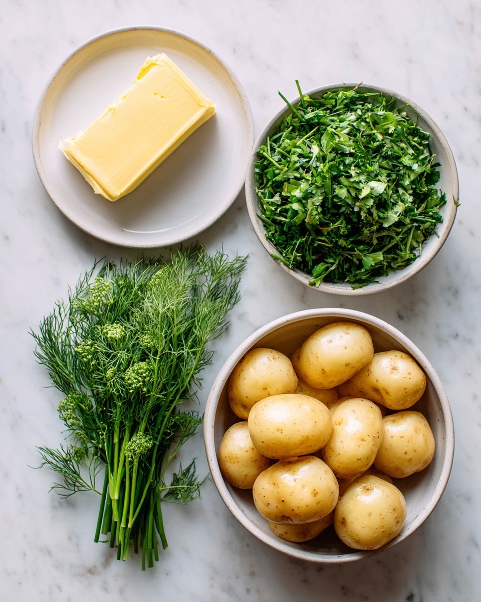 The image shows three main items on a white marbled surface: a small white plate with a rectangular stick of yellow butter on the top left, a small white bowl full of fresh green herbs including dill, chives, and parsley in the middle, and a medium white bowl filled with light yellow baby potatoes on the top right. Everything is neatly arranged with clear labels beside each item. photo taken with an iphone --ar 4:5 --v 7
