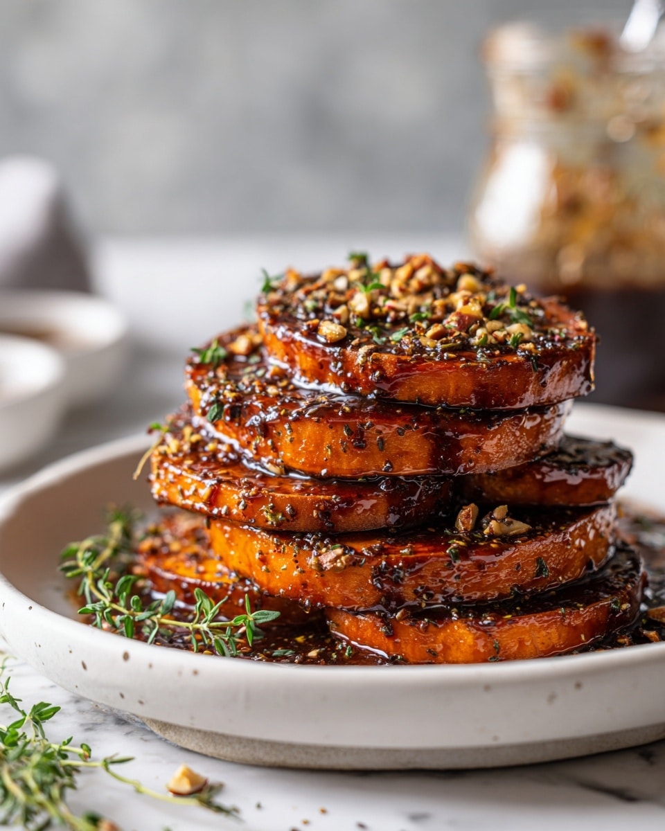 A beige bowl filled with stacked thick orange sweet potato rounds, each piece richly glazed with a shiny, dark caramel-colored sauce. Small chopped nuts and fresh green thyme sprigs are sprinkled over the top and between the layers, adding texture and color contrast. In the background, a glass jar with some sauce inside is slightly blurred, resting on a white marbled surface. The lighting highlights the glossy finish of the sauce and the softness of the sweet potatoes, giving the dish a warm and appetizing look. Photo taken with an iphone --ar 4:5 --v 7