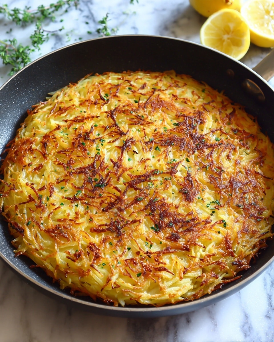 A single large golden brown hash brown cake fills a black pan, with thin strands of shredded potato cooked to a crispy texture, showing darker browned edges mixed with lighter golden patches across the surface. The hash brown looks thick with an uneven, crunchy crust formed from the interwoven potato strands. The pan sits on a stove with a white marbled surface beneath. A small piece of lemon and some green garnish are seen blurred in the top left corner. photo taken with an iphone --ar 4:5 --v 7