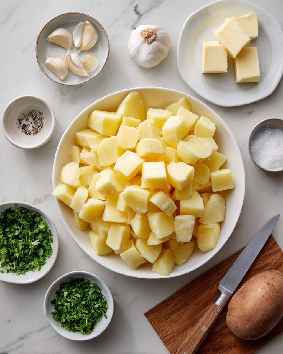 The image shows several cooking ingredients arranged on a white marbled surface. There are three brown potatoes with textured skin placed in the upper left. Below them, a white bowl holds shredded yellow cheese. To the right of the potatoes, a fresh green broccoli head with tight florets is positioned. At the top center, a light wooden spatula has a square of light yellow butter on it. Next to the butter, two garlic cloves and a halved white onion are placed. Below the onion, a small white bowl contains white flour. To its right, a clear measuring cup holds a light golden liquid labeled as chicken or vegetable broth. Below the flour bowl, another small white bowl contains white milk. The overall scene is simple and clean, showing all raw ingredients before cooking, photo taken with an iphone --ar 4:5 --v 7