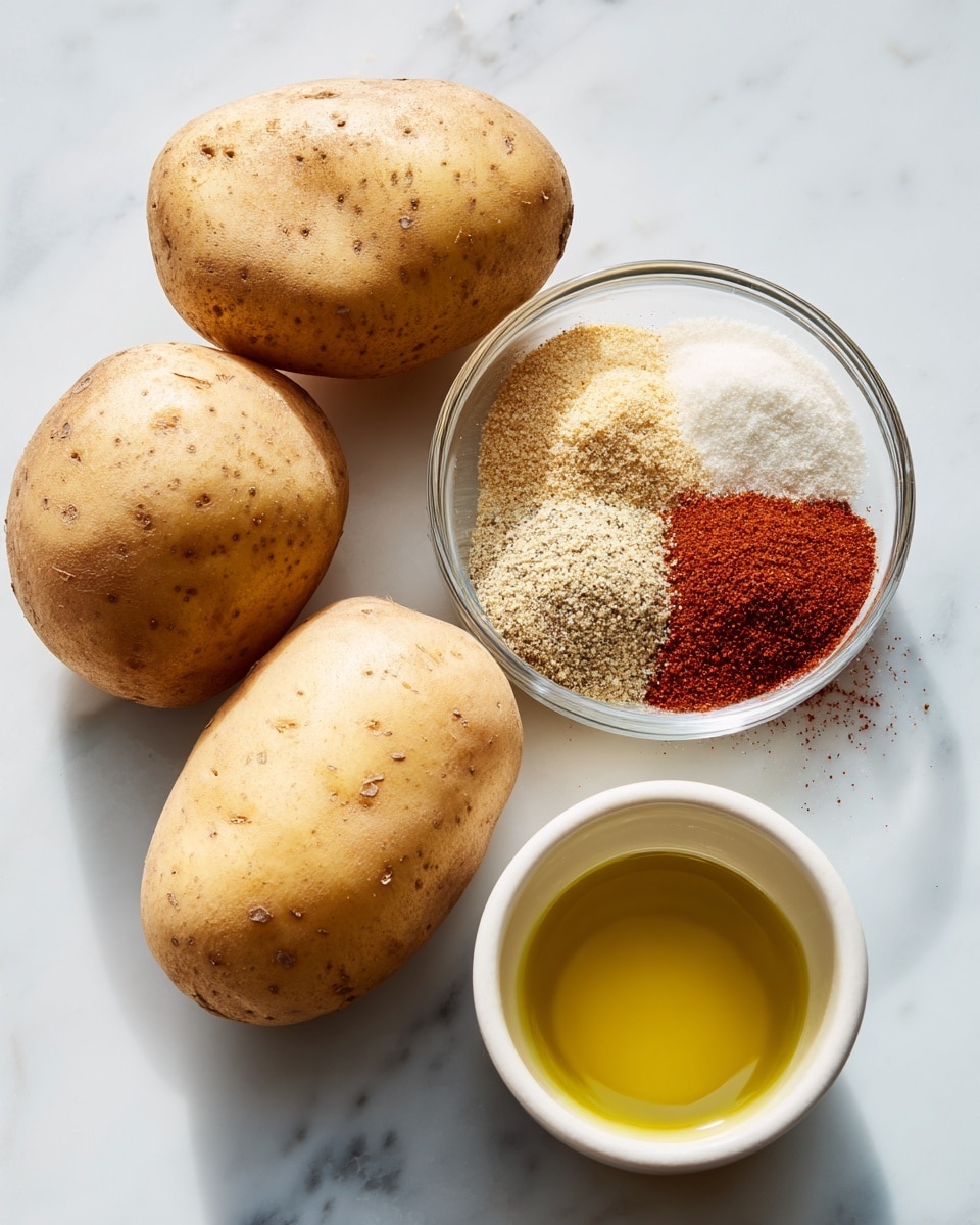 The image shows three whole potatoes with light brown skin placed on a white marbled surface. To the right of the potatoes is a small clear glass bowl containing four powders layered side by side: reddish-brown paprika, light beige onion powder, off-white garlic powder, and a mix of white salt and black pepper. Below this bowl is a small white cup filled with golden olive oil. The overall setup is clean and bright with natural light highlighting the textures and colors. Photo taken with an iphone --ar 4:5 --v 7