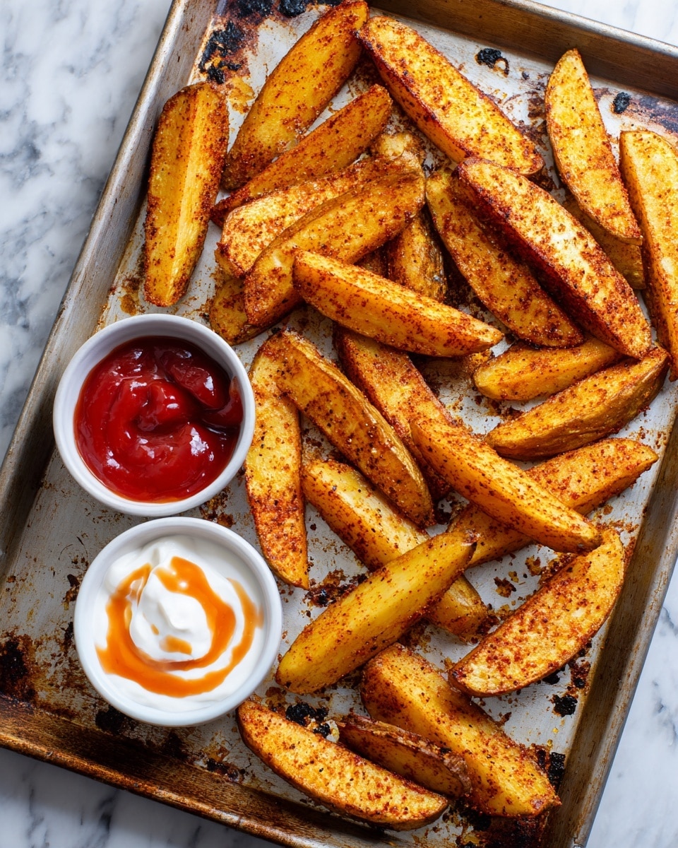 The image shows a metal roasting tray filled with about 22 golden-brown seasoned potato wedges scattered across it. In the top left corner of the tray, there is a small white bowl filled with white creamy sauce topped with a swirl of red sauce. Below it, there is another small white bowl filled with chunky red sauce. The potato wedges look crispy on the outside with a rough texture, and they vary slightly in size and shape. The tray has some dark roasted spots and oil stains, adding to a rustic look. The background is a white marbled texture. photo taken with an iphone --ar 4:5 --v 7