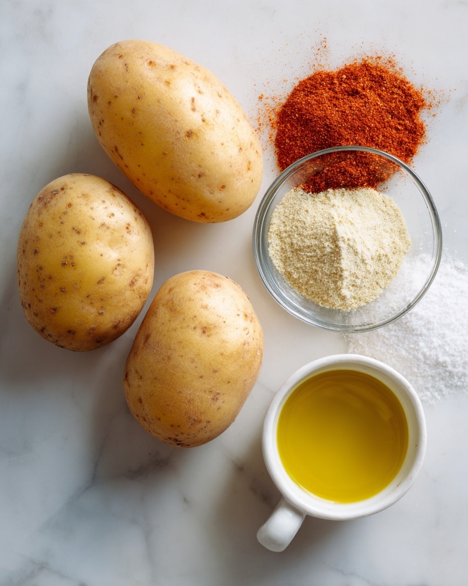 The image shows peeled potatoes cut into chunks piled in a white bowl at the center on a white marbled table. To the left, there is a small white bowl with garlic cloves, a tiny white plate with small blocks of butter, and a small white bowl with salt and pepper. Below the potato bowl, a larger white bowl contains chopped green herbs. To the right of the potato bowl, there is one whole brown potato and a small white bowl with salt. In the foreground, a wooden cutting board with a knife and a peeler is placed on the white marbled surface. Photo taken with an iphone --ar 4:5 --v 7