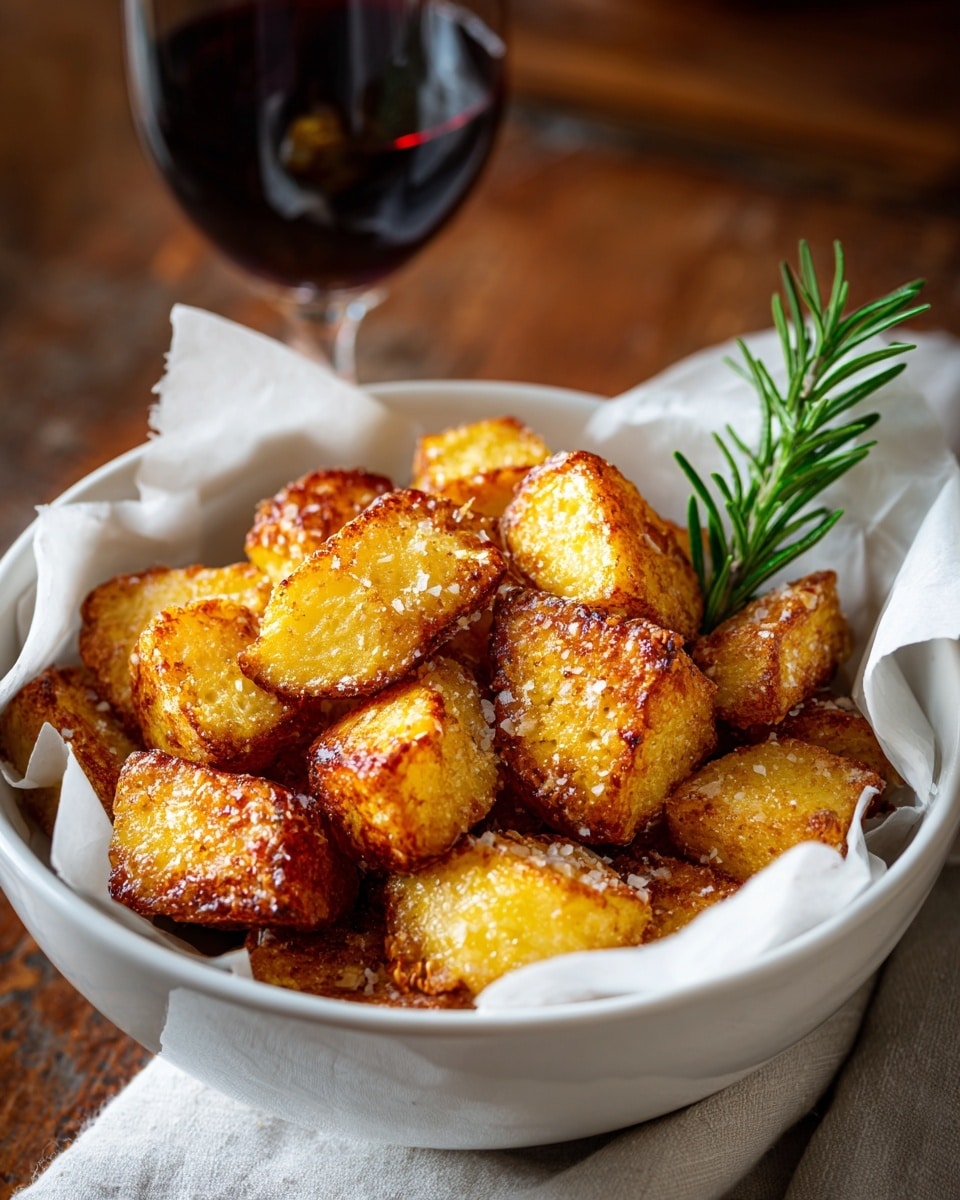A white bowl lined with crumpled white paper is filled with golden, round roasted potato pieces that have a crispy outer layer with a slightly rough texture, sprinkled with coarse salt. Bright green rosemary sprigs rest on top of the potatoes, adding color contrast. In the blurry background, there is a glass of dark red wine filled nearly to the top, and a roasted meat piece garnished with herbs on a wooden surface. The setting rests on a white marbled texture. photo taken with an iphone --ar 4:5 --v 7