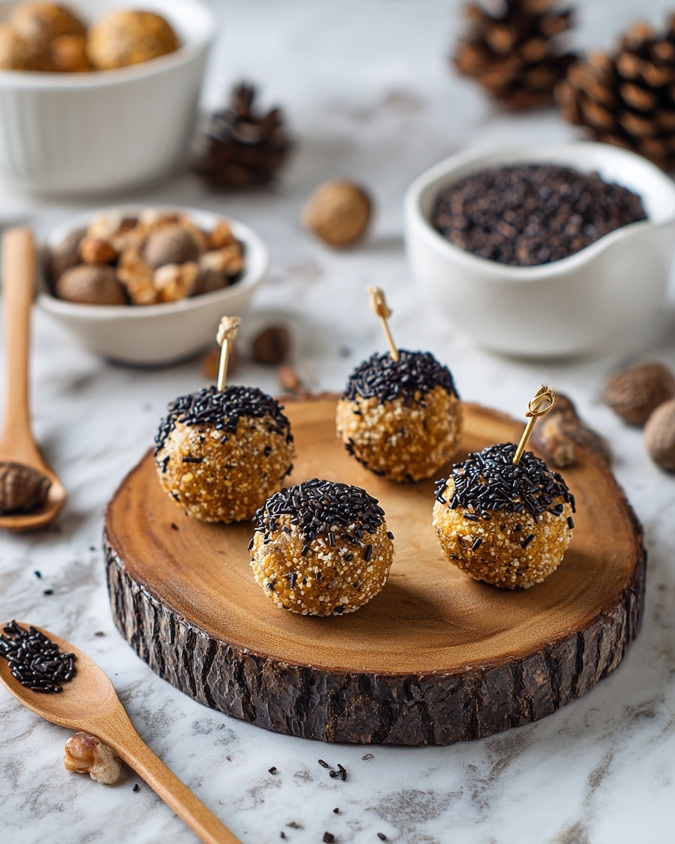 The image shows four round treats that look like acorns placed on a small, round wooden board. Each treat has a shiny, golden-brown base with a rough texture and is topped with dark chocolate sprinkles forming a cap. A small stick pierces the top of each treat, resembling the acorn's stem. Around the board, there are pinecones, nuts, and a white bowl filled with more dark chocolate sprinkles, all set on a white marbled surface. In the background, a white bowl filled with similar golden treats is visible along with a small orange pumpkin. Photo taken with an iphone --ar 4:5 --v 7