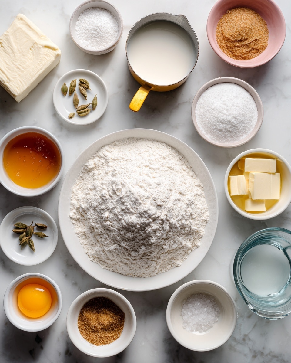 The image shows various baking ingredients neatly arranged on a white marbled surface. In the center is a large white plate filled with white flour, piled high with a textured, powdery look. Surrounding it clockwise are small white dishes with white granulated sugar, golden honey, a small metal saucepan with a yellow handle, white cream cheese block on a white plate, fine white flour, small white dish with three cardamom pods, a small white bowl with light brown yeast granules, a small white dish with a raw egg yolk and white, a white bowl with pale yellow softened butter, a glass measuring cup with milk, another glass measuring cup half-filled with water, and a pink dish with coarse salt. All items have clear distinct colors and textures with the white marbled surface adding contrast. photo taken with an iphone --ar 4:5 --v 7
